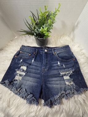 "Almost Famous" Dark Blue Distressed Denim Shorts, Size 9